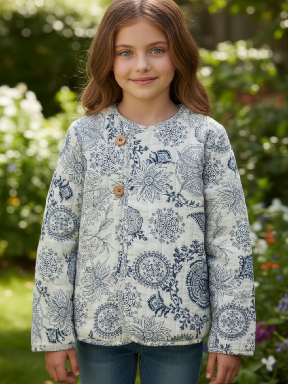 Zara Jacket Coat Girls 5 6 Small Floral Quilted Blue White Cottage Shabby Chic